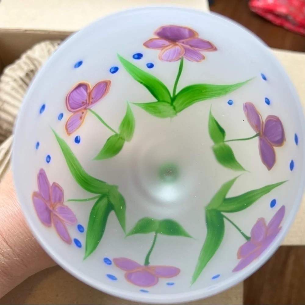Flora Hand Painted Wine Glass Floral NEW Set of 4 VTG European Summer Coastal